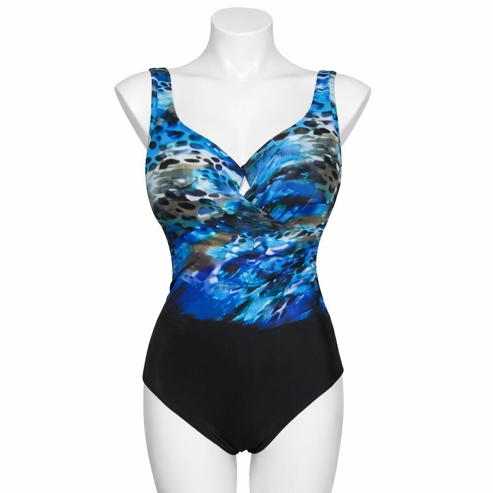 MIRACLESUIT Black Blue Gray Ruched One-Piece Swimsuit Size 14